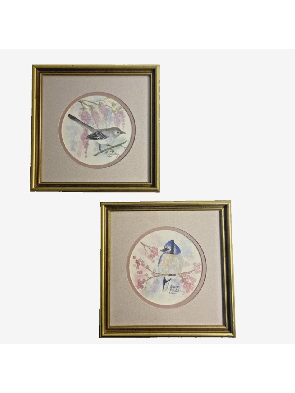 Pair Virginia SadBerry Signed Watercolor Prints Blue Jay Mockingbird Framed 9x9